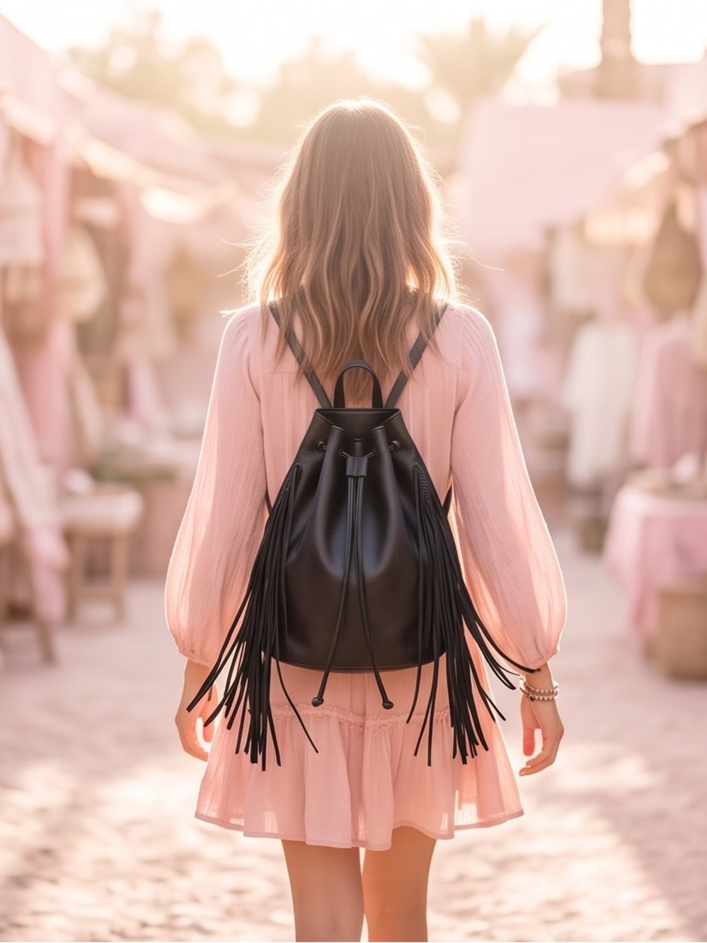 VICTORIA’S SECRET Black boho faux leather Fringe Drawstring Backpack bag - Picture 1 of 9